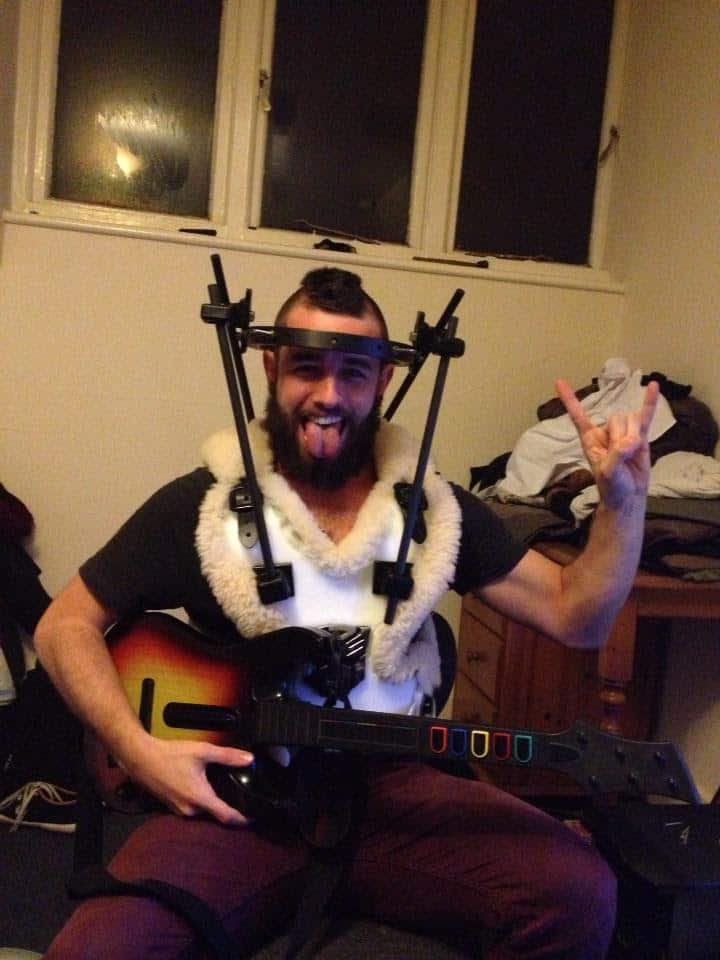 About 3 Steve Cleverdon playing guitar hero in Halo Vest