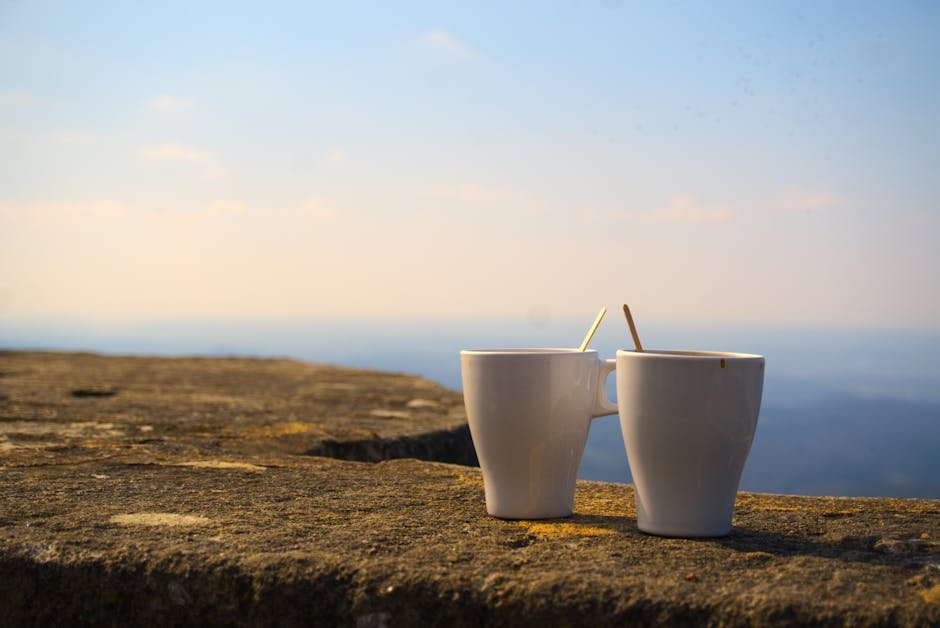 Kaffeekopper på klippe med havudsigt, perfekt til streaming og afslapning.