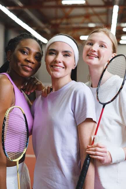 Tennisspillerinder i sportshal med rackets, klar til kamp. Perfekt til streaming af sport og tennisr.