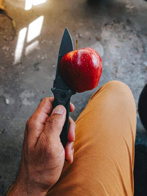 Billede af en person, der holder en kniv og et rødt æble.