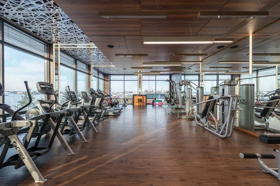 Fitnesscenter med moderne cardio- og styrketræningsudstyr i et lyst, rummeligt lokale med store vind.