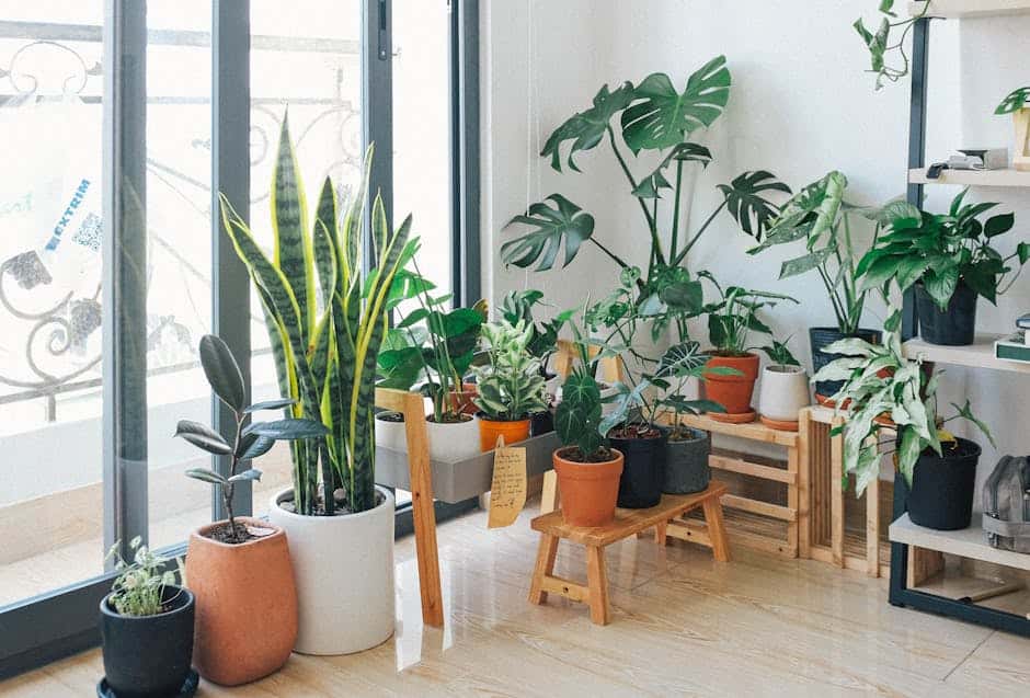 Indendørs planter i moderne stue med store vinduer og naturligt lys.
