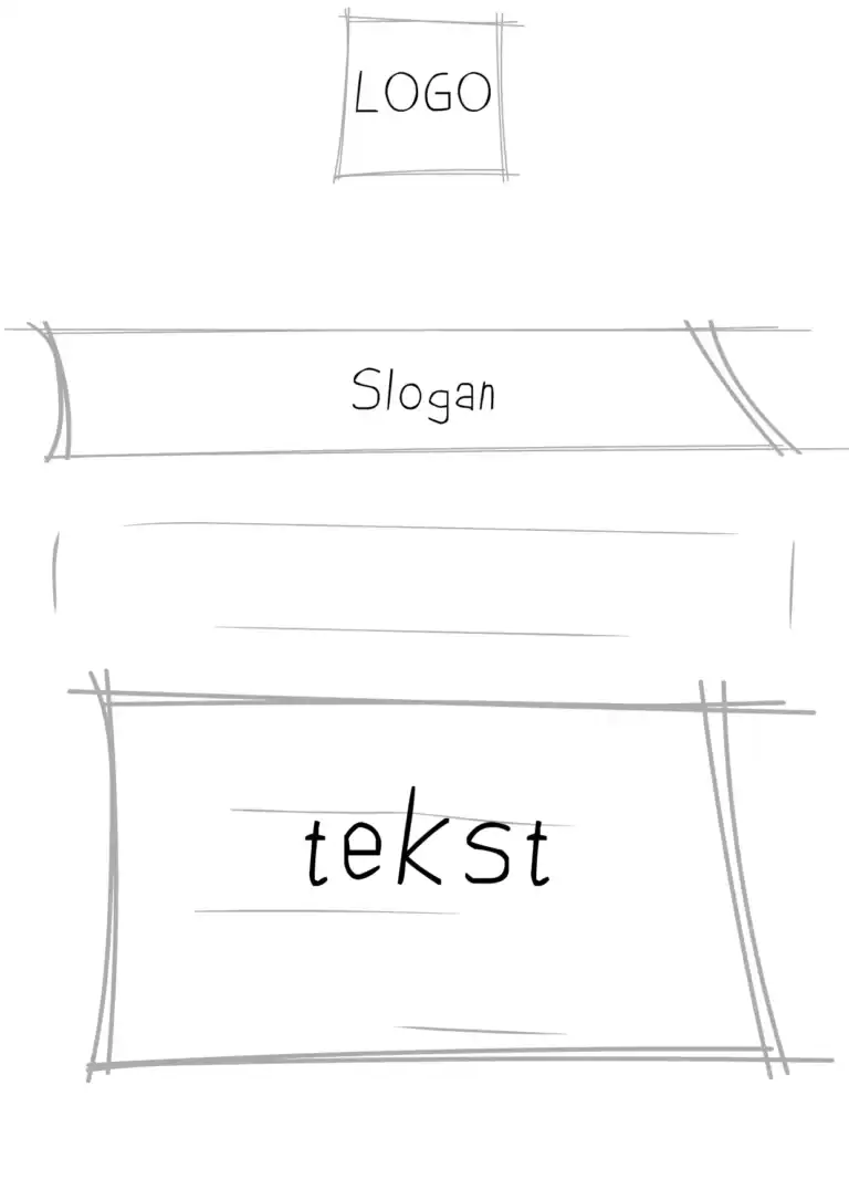 Szkic: na górze logo, pod nim slogan, na dole duże pole tekstowe. Wszystko rozmieszczone centralnie. Pixel Studio.