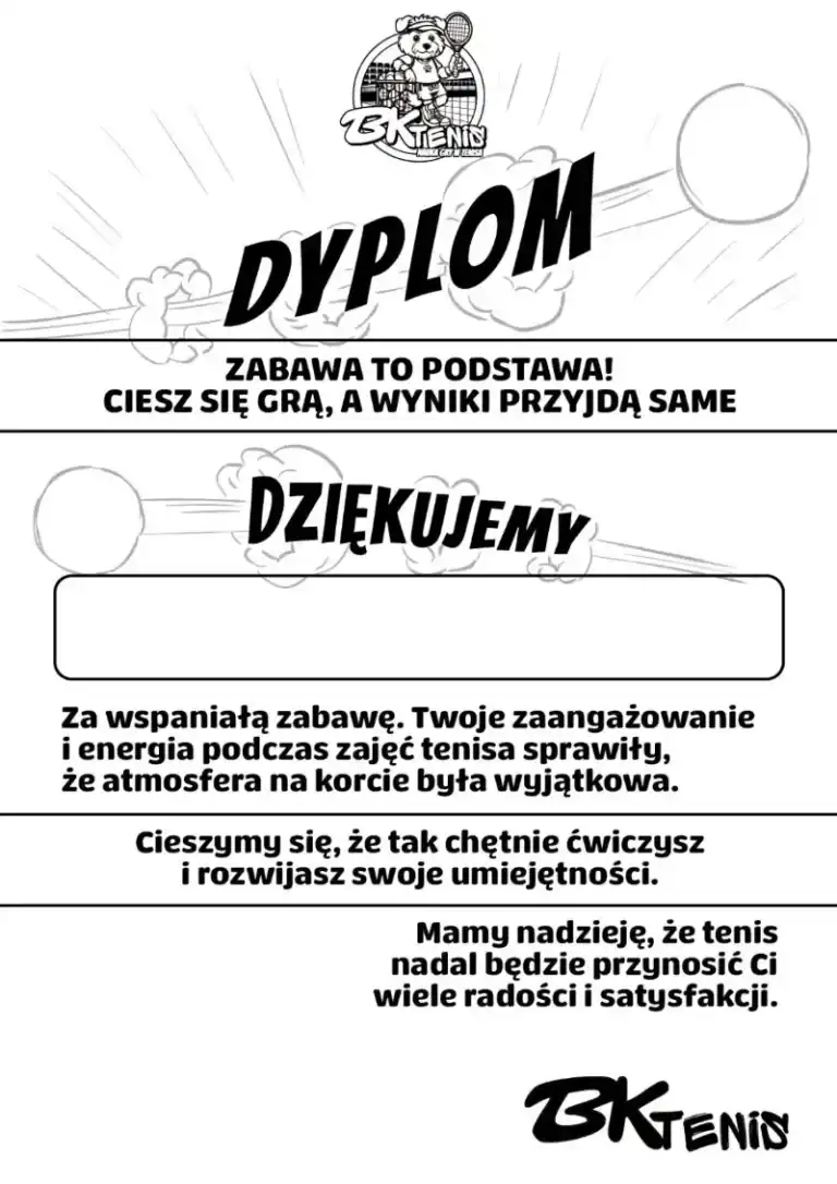 Czarno-biały dyplom z polskim tekstem, polem na imię, rysunkowymi piłkami i uśmiechniętą postacią. Pixel Studio.