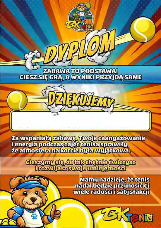 Polski dyplom tenisowy dla dzieci z rysunkowym psem, piłkami tenisowymi i napisem z podziękowaniem. Pixel Studio.