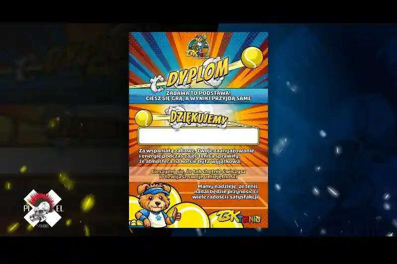 Kolorowy polski certyfikat przedstawia kreskówkowego misia trzymającego rakietę tenisową, żółte piłki tenisowe oraz pomarańczowe i niebieskie promienie. Tekst podkreśla zabawę i sportową postawę, z dużymi sekcjami "DYPLOM" i "DZIĘKUJEMY!" oraz podziękowaniami pod spodem.