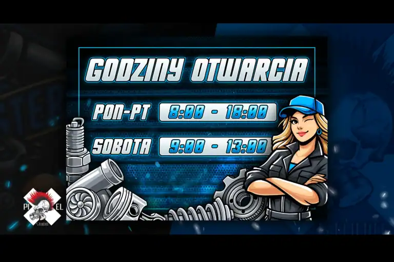 Kolorowy szyld z godzinami otwarcia w języku polskim. Po lewej stronie koła zębate i części silnika, po prawej uśmiechnięta kobieta w stroju mechanika i niebieskiej czapce. Tekst: "Godziny otwarcia", "Pon-Pt: 8:00-18:00", "Sobota: 9:00-13:00".