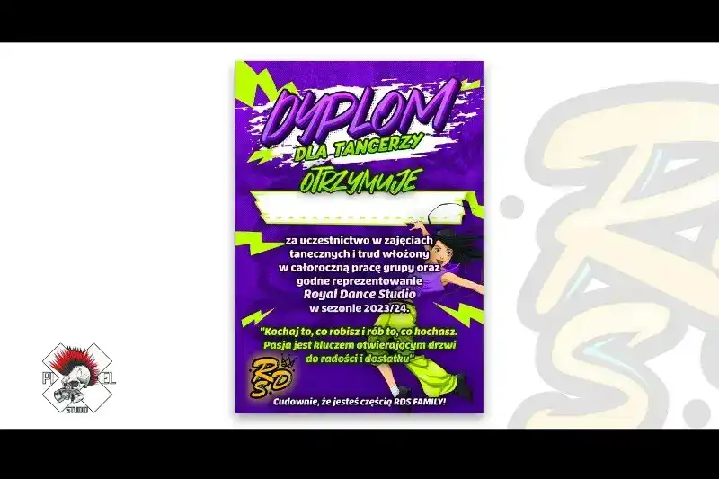 Żywy fioletowo-żółty dyplom z tekstem w stylu graffiti docenia udział i wysiłek tancerza w Royal Dance Studio w sezonie 2023/24. Zawiera tancerza z kreskówki, inspirujące cytaty i logo RDS na biało-żółtym tle.