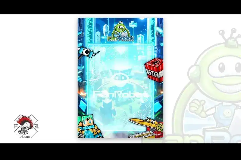 Futurystyczna ramka cyfrowa z niebieskim krajobrazem miasta i wzorami obwodów, z kreskówkowymi robotami, TNT i ilustracjami rakiet wokół krawędzi. W centrum znajduje się logo "FanRobot" z maskotką robota. W lewym dolnym rogu znajduje się logo Pixel Studio.