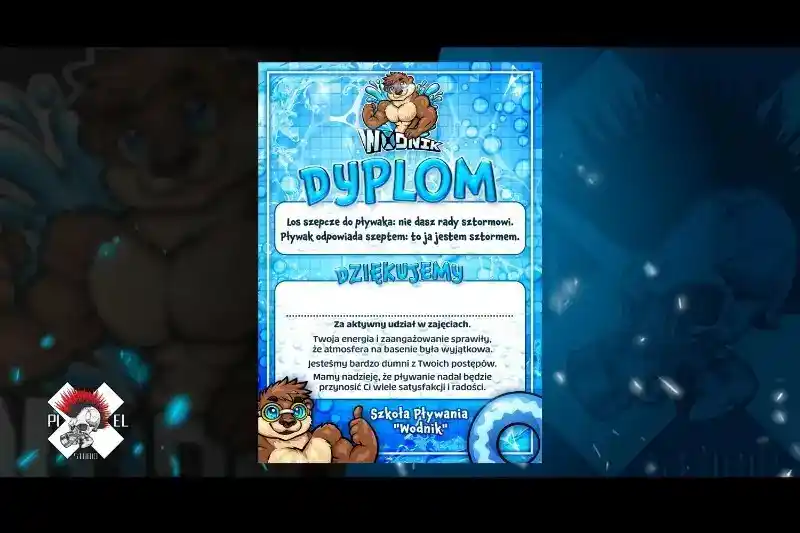 Kolorowy dyplom zatytułowany "Dyplom" przedstawia kreskówkową wydrę w niebieskich goglach u góry i w lewym dolnym rogu. Tło jest niebieskie z bąbelkami. Zawiera polski tekst, podziękowania, logo Szkoły Pływania Wodnik i motyw kamieni szlachetnych.