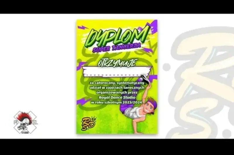 Kolorowy dyplom z tłem w stylu graffiti w kolorach zielonym, fioletowym i żółtym. Zawiera pogrubiony tekst, kreskówkowego chłopca tańczącego breakdance na jednej ręce i puste miejsce na imię i nazwisko. Przyznawany za udział w zajęciach tanecznych prowadzonych przez Royal Dance Studio w latach 2023/2024.
