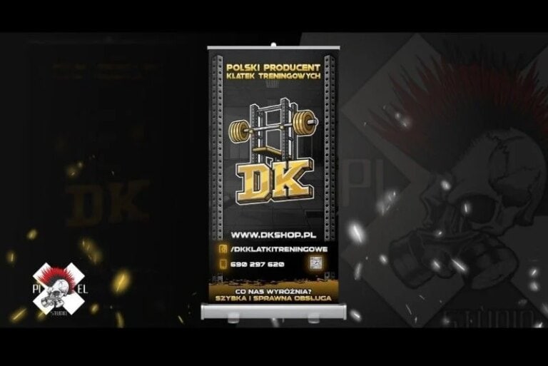 Pionowy baner przedstawia złoto-czarne logo ze sztangą i literami "DK". Powyżej widnieje napis "Polski Producent Klatek Treningowych". Dane kontaktowe i media społecznościowe znajdują się poniżej. Tło zawiera elementy wzornictwa przemysłowego i cieniowaną grafikę.