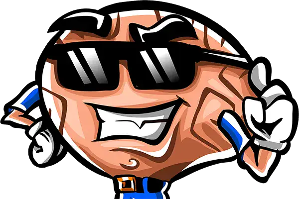 Kreskówkowy mózg w niebieskim stroju i okularach przeciwsłonecznych wskazuje w górę palcem. Pixel Studio.