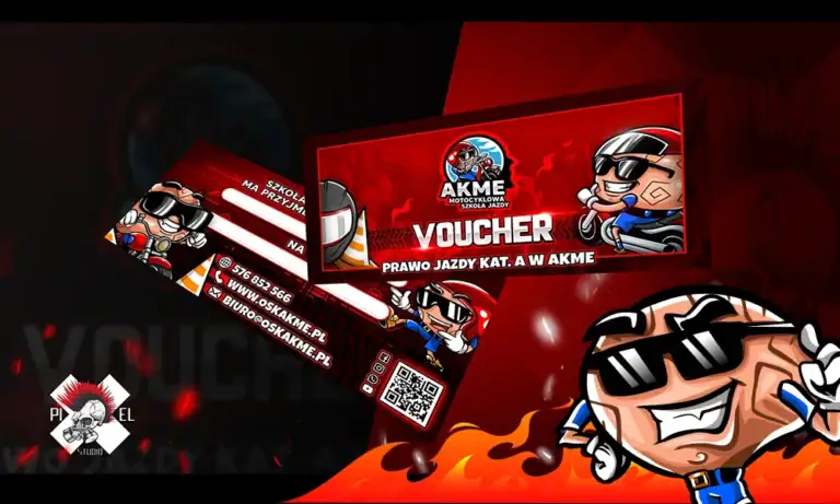 Dwa czerwone vouchery z rysunkowymi motocyklistami w stroju, logo AKME Motocykle i napisy; nowy projekt. Pixel Studio.