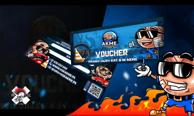 Kolorowy kupon rysunkowy AKME, maskotka w okularach przeciwsłonecznych, dane kontaktowe, niebieskie akcenty. Pixel Studio.