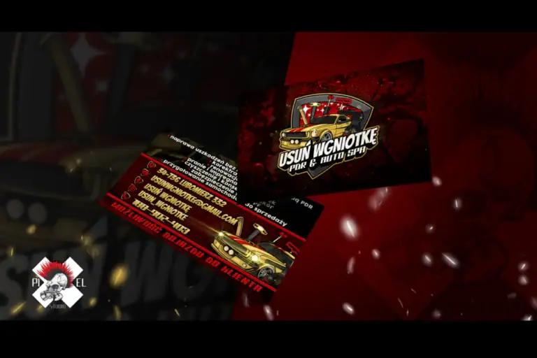 Projekt wizytówki dla Usuń wgniotkę (Pdr) w stylu kreskówkowym, złote auto, mocna typografia, kolory czerwony, czarny, złoty - Pixel Studio.