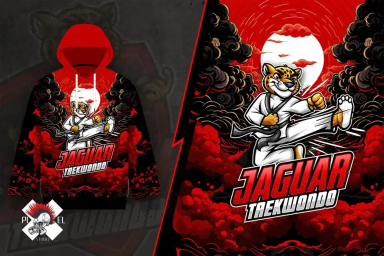 Projekt bluzy dla Jaguar Taekwondo z branży sztuk walki w stylu kreskówkowym - Pixel Studio.