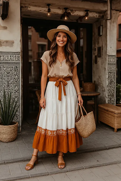 Stilvolles Frauen Outfit mit Maxirock und Strohhut für warme Tage Stilvolles Sommer-Outfit für Frauen mit beigefarbener Bluse, Maxirock in Erdtönen und Strohhut – perfekt für jeden Anlass