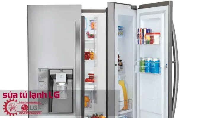 High-quality LG refrigerator with open doors showing organized interior and fresh foods, ideal for appliance maintenance and warranty services.