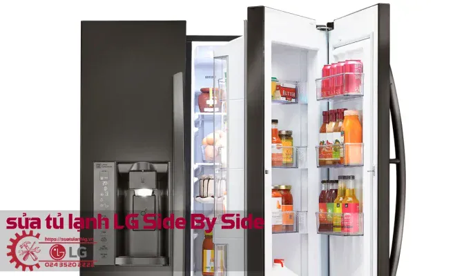 Refurbished LG side-by-side refrigerator with open doors showcasing organized interior storage and LED lighting for efficient visibility.
