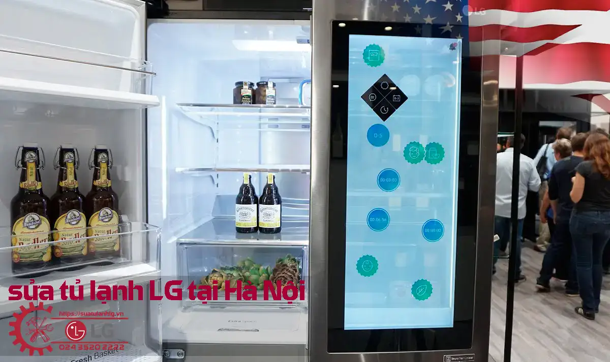 Refurbished LG refrigerator with digital display, open door showcasing beverages inside, located in a public space with people in the background, highlighting LG refrigerator warranty service in Hanoi.
