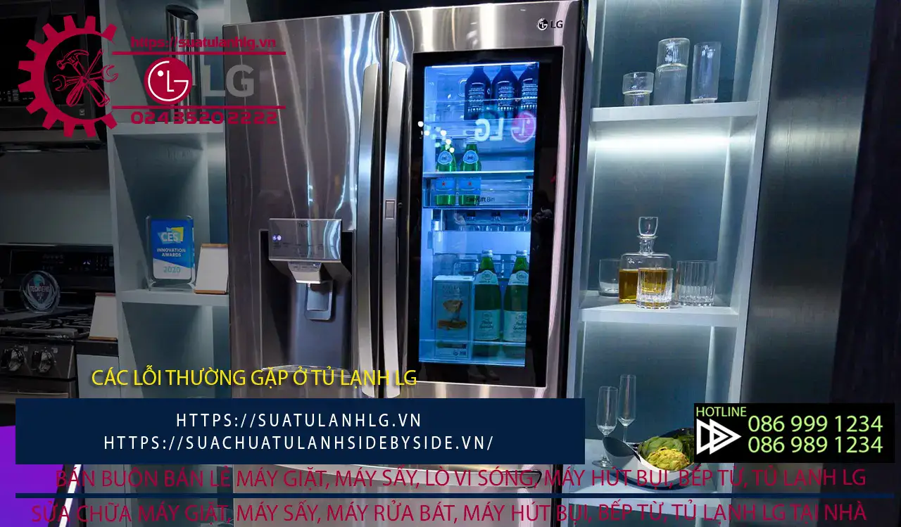 LG refrigerator with built-in water dispenser and glass shelves in modern kitchen setting.