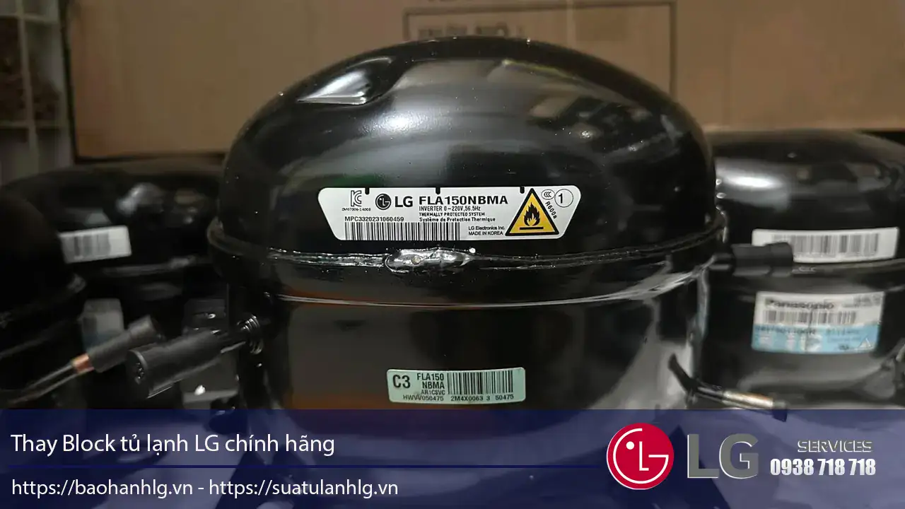 LG refrigerator compressor block for genuine LG cooling system repair and maintenance. High-quality, reliable LG compressor part for optimal refrigerator performance.