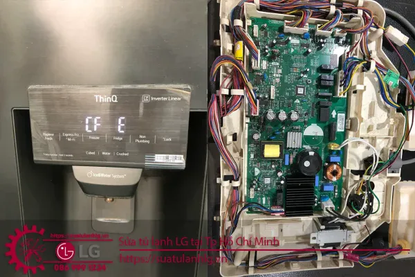 CF E error code on LG refrigerator display, indicating a compressor fault or motor issue. Professional diagnosis and repair of LG fridge control board needed for optimal performance.