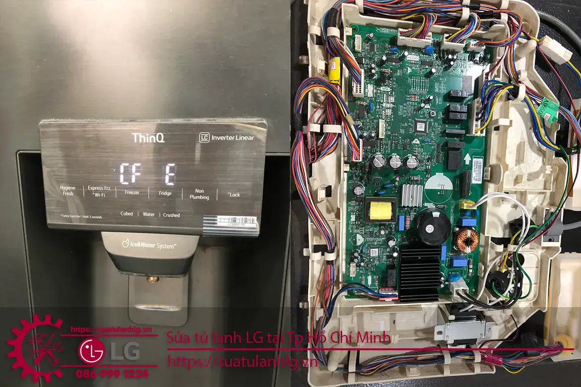 CF E error code on LG refrigerator display, indicating a compressor fault or motor issue. Professional diagnosis and repair of LG fridge control board needed for optimal performance.