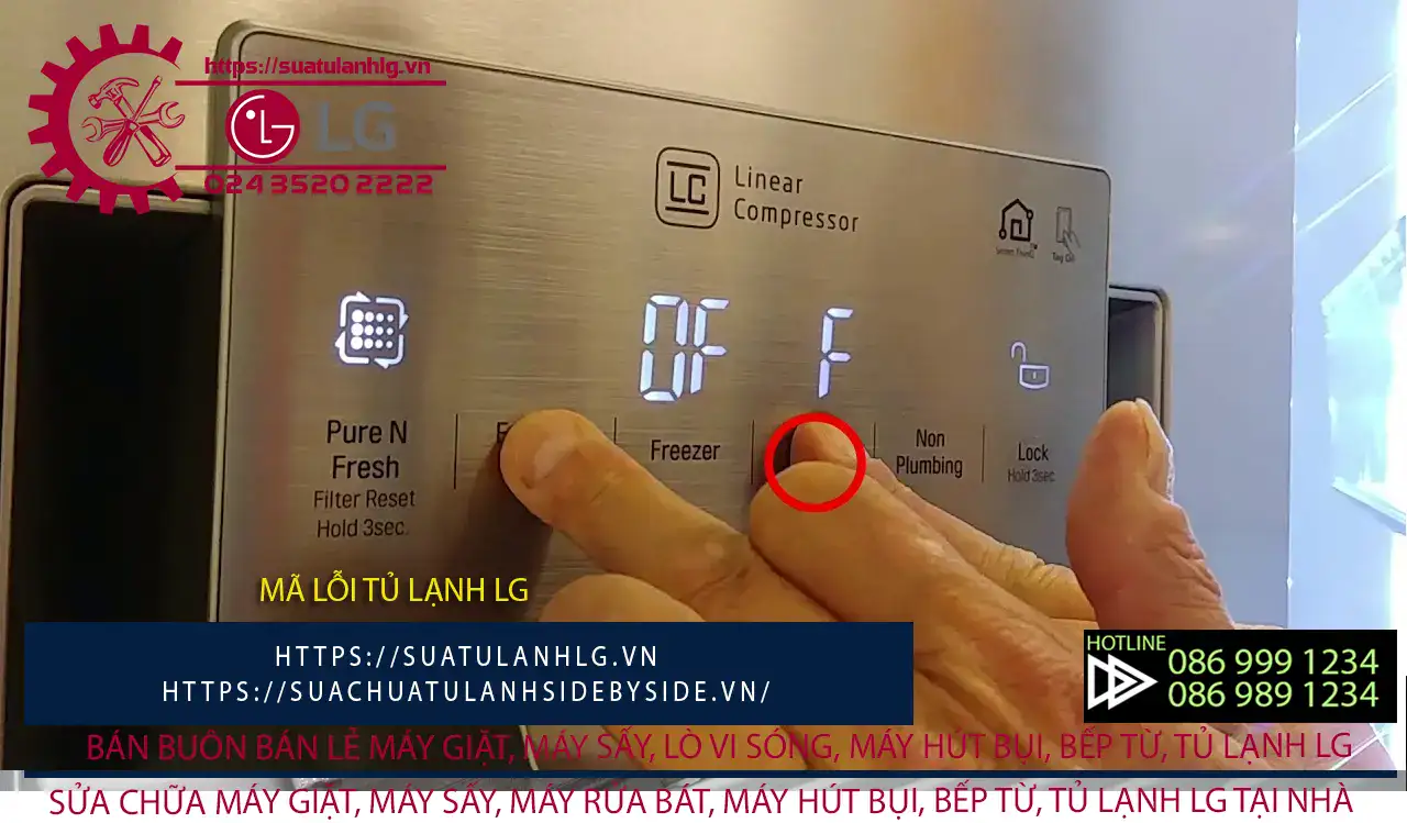 LG refrigerator LCD control panel displaying error code, with finger pressing temperature setting, close-up of troubleshooting or repair process for LG appliances.