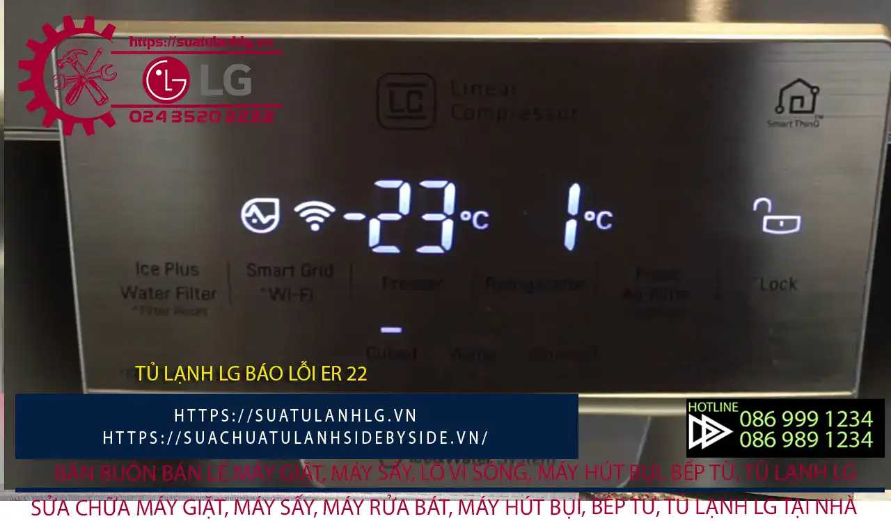 Faulty LG refrigerator display showing ER 22 error code.