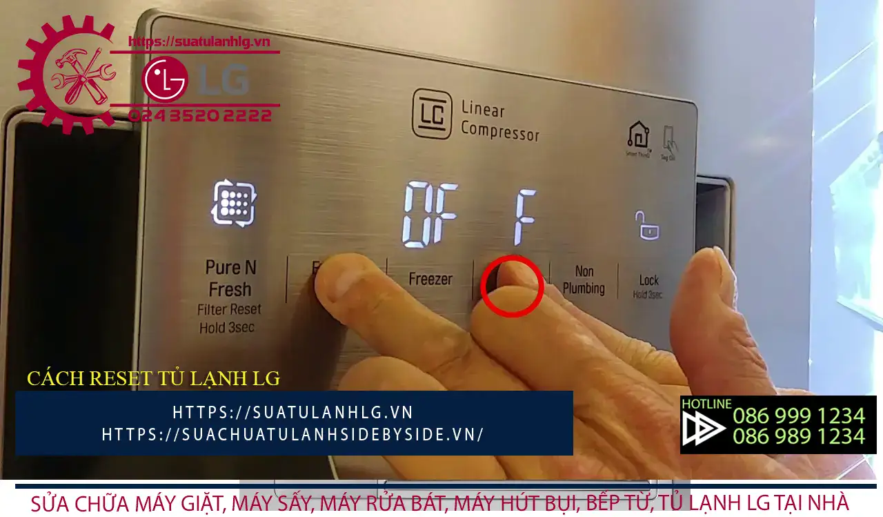 Automatic refrigerator reset method for LG refrigerators; step-by-step guide on pressing and holding the temperature control button to reset temperature settings.