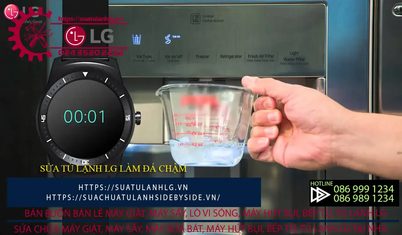 A high-quality image of an LG refrigerator with a person pouring water into a measuring cup, illustrating refrigerator water dispenser feature, suitable for appliance repair and warranty services.