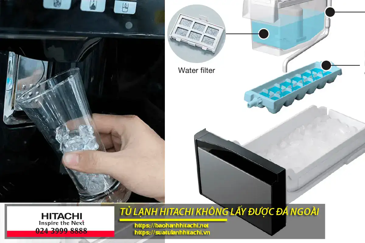 Leak-proof Hitachi refrigerator with exterior ice maker removal feature for added convenience. Efficient water filter and ice tray components ensure optimal cooling performance.