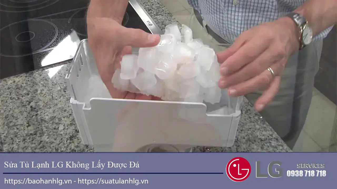 Sharp ice maker for LG refrigerators with ice cubes inside the ice container, showing proper maintenance and support service.