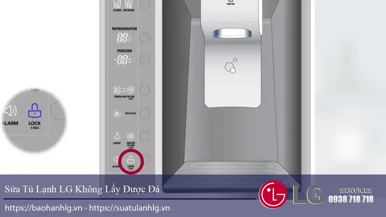 Lock function on LG refrigerator door for security and protection against ice buildup or damage. Easy to activate to prevent accidental door opening and improve appliance safety.