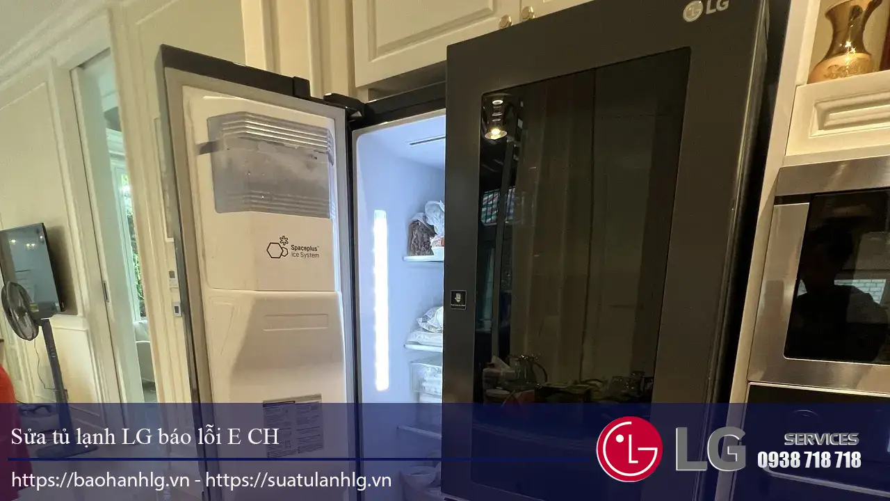 Clean LG refrigerator showing error code E CH for repair and maintenance services in Vietnam.