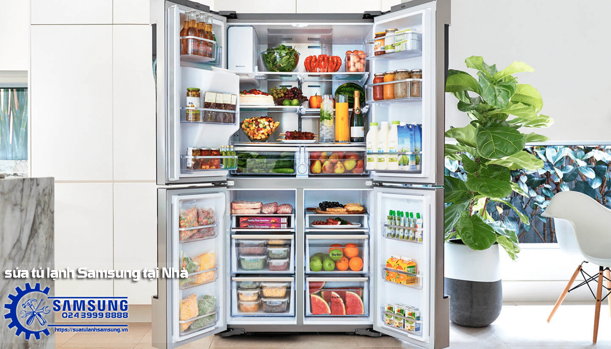 Samsung side-by-side refrigerator open with fresh fruits, vegetables, and dairy inside, showcasing quality refrigeration repair and maintenance services in Hanoi.