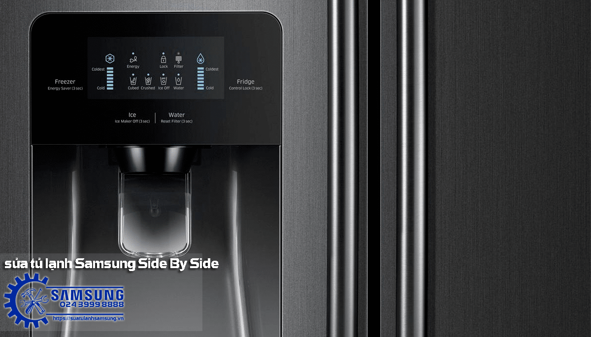 Removable Samsung Side By Side Refrigerator water dispenser and touch control panel with ice and water functions.