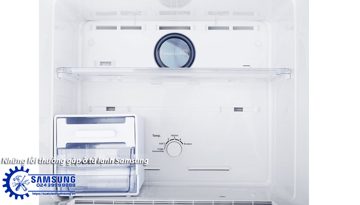Refurbished Samsung side-by-side refrigerator interior with cooling control and ice maker repair service.