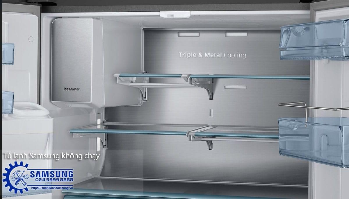 Clean interior of Samsung side by side refrigerator showing cooling compartments and storage shelves. Focuses on refrigerator repair services, emphasizing Samsung fridge repair and maintenance.