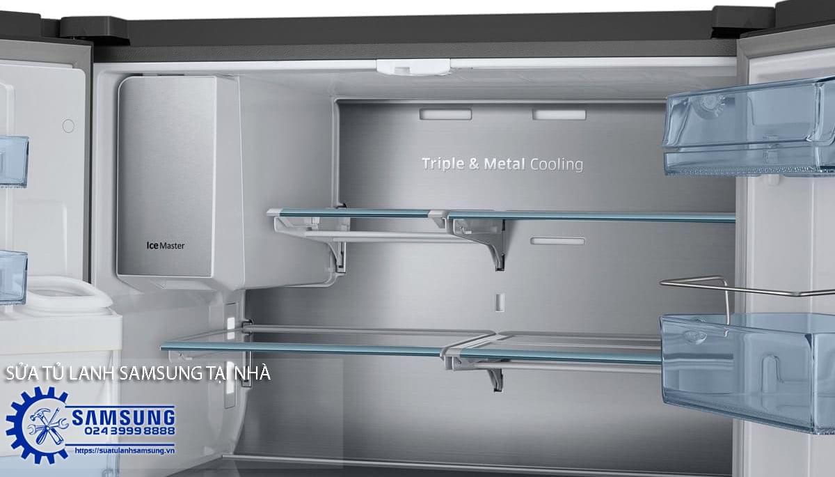Samsung side by side refrigerator interior with triple & metal cooling, ice master, and adjustable shelves for optimal food preservation. Repair services available. 024 3999 8888 - 0938 718 718.