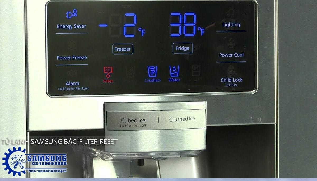 High-resolution close-up of Samsung side-by-side refrigerator control panel showing temperature settings, filter reset notification, and ice type options for efficient appliance repair and maintenance.