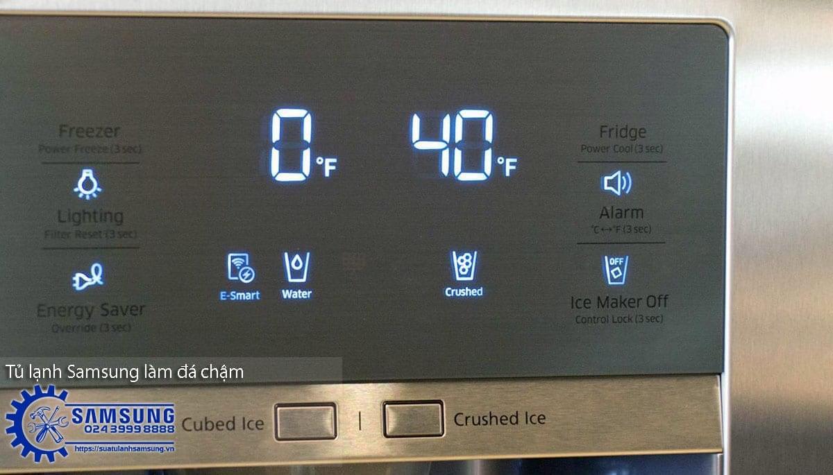 Cold Samsung refrigerator display showing temperature settings for freezer and fridge, with control options and repair contact info.
