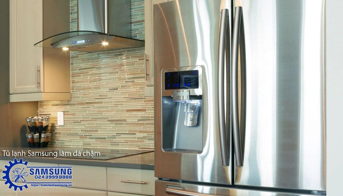 Stainless steel Samsung side-by-side refrigerator with water dispenser and digital control panel, stylish kitchen design, modern appliances, and reliable cooling system, expert repair services available.