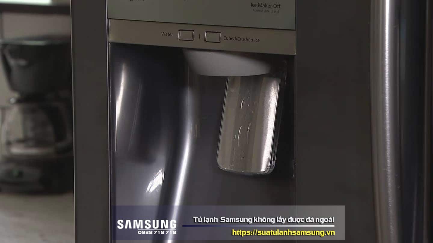 Stainless steel water dispenser on Samsung side-by-side refrigerator, showing ice maker malfunction repair process with contact numbers for Samsung refrigerator repair services.