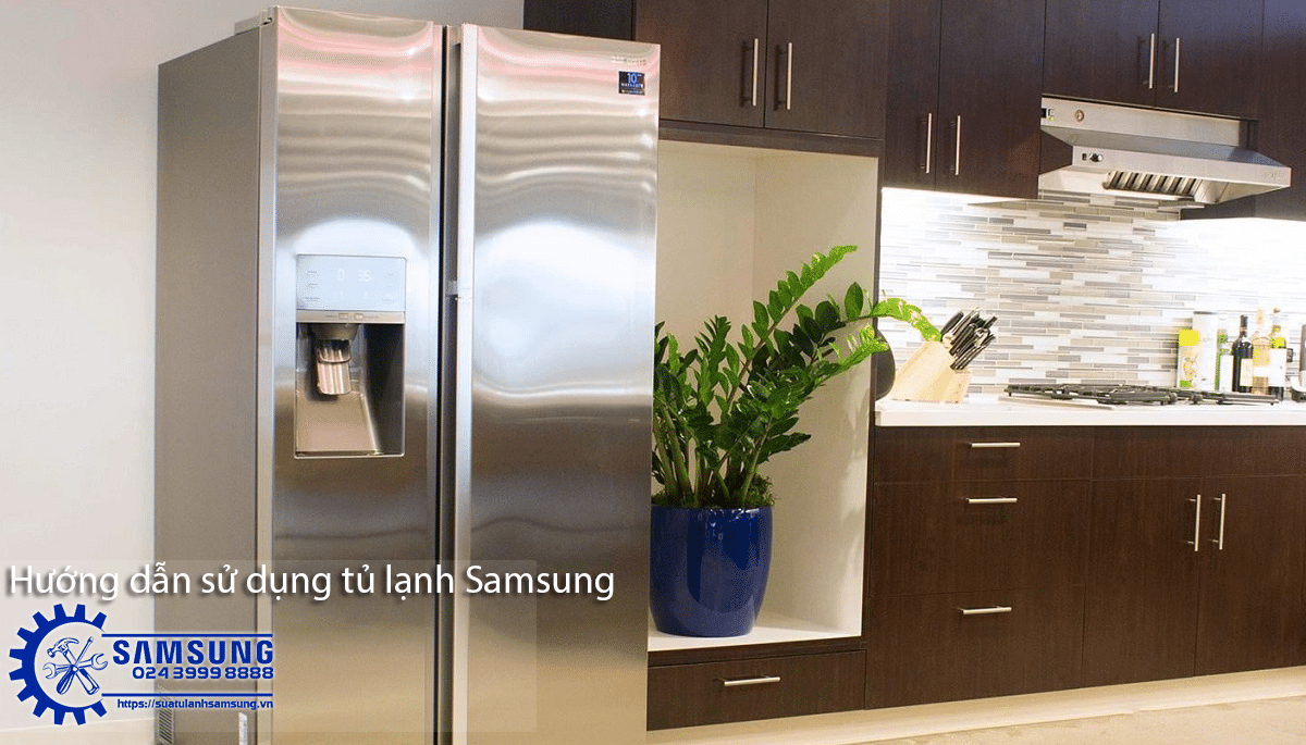 Stainless steel Samsung side by side refrigerator in modern kitchen, highlighting appliance repair and maintenance services by Suatulanhsamsung.vn for optimal refrigerator performance.