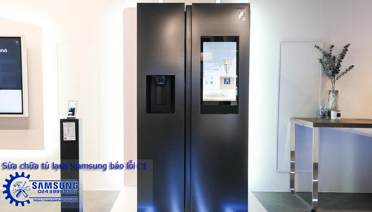 High-tech Samsung side-by-side refrigerator with digital display and water dispenser for repair service.
