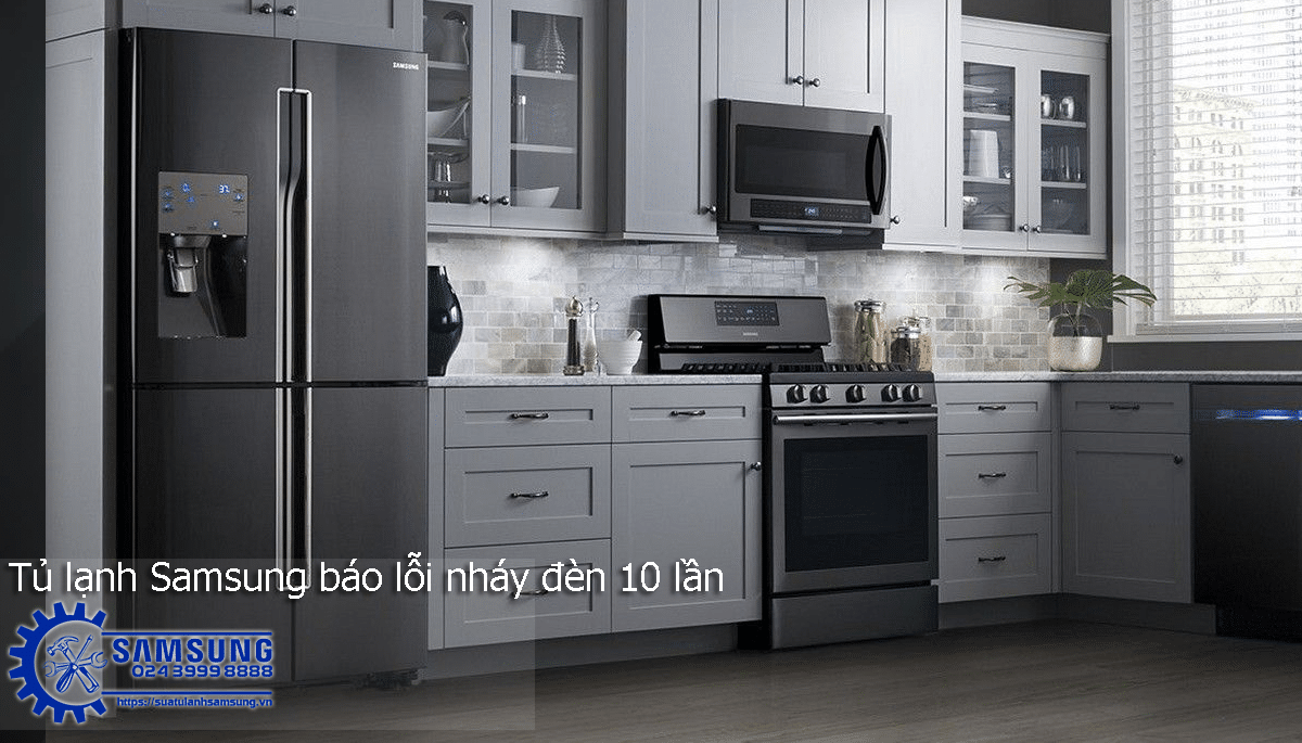 Samsung side by side refrigerator with error blinking light, modern kitchen setting, stainless steel finish, innovative cooling technology, detailed repair services.