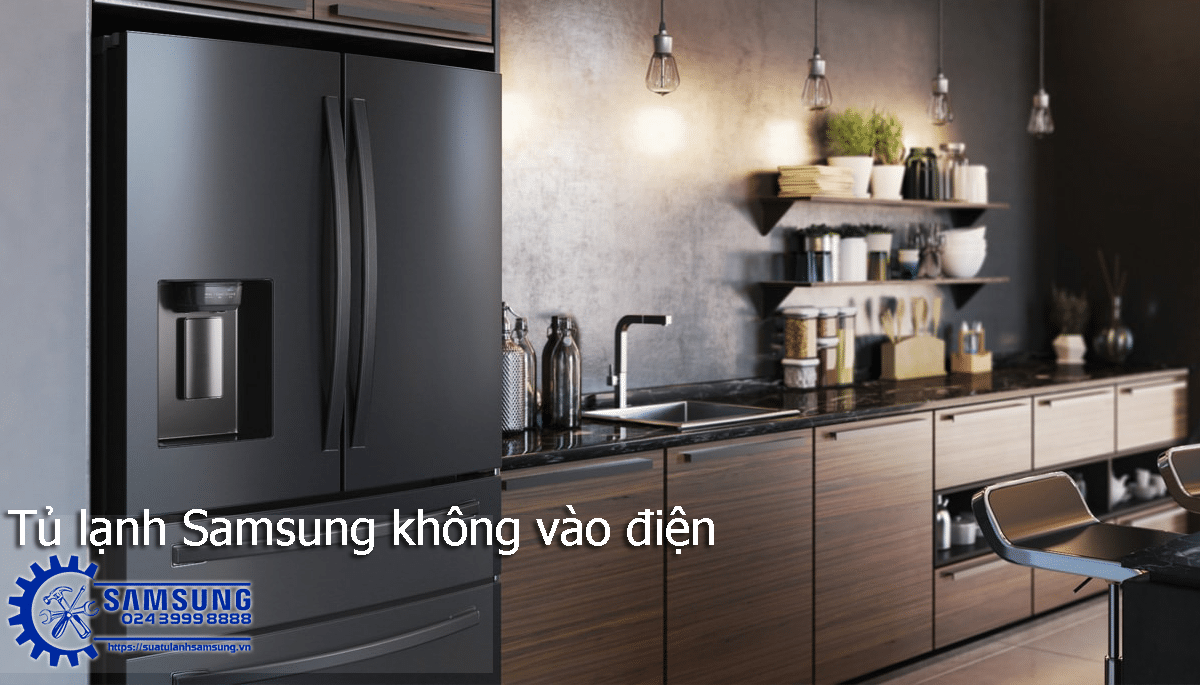 Black Samsung side-by-side refrigerator with water and ice dispenser in a modern kitchen setting.